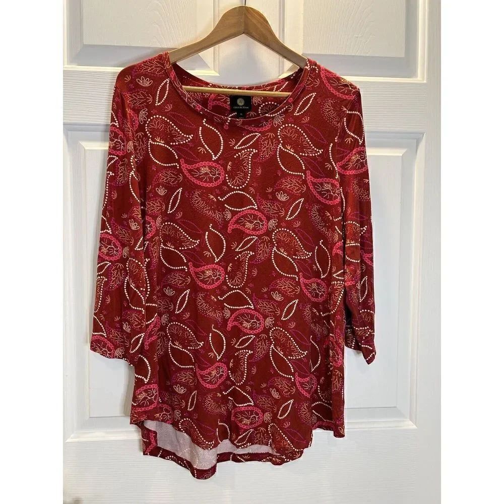 JM Collection Women's Size XL Paisley Printed T-Shirt Top Blouse Red Pink
